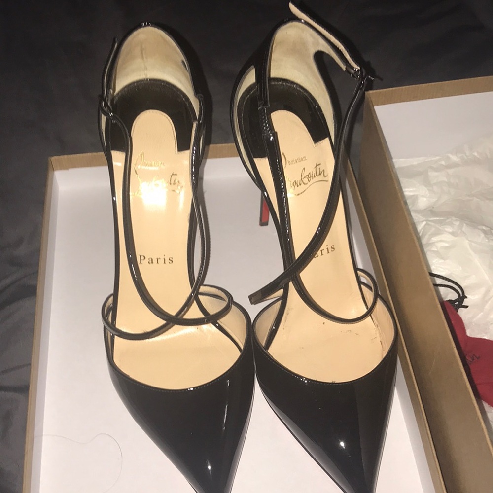 Christian Louboutin Black Patent Leather Pointed-Toe Ankle Strap Heels